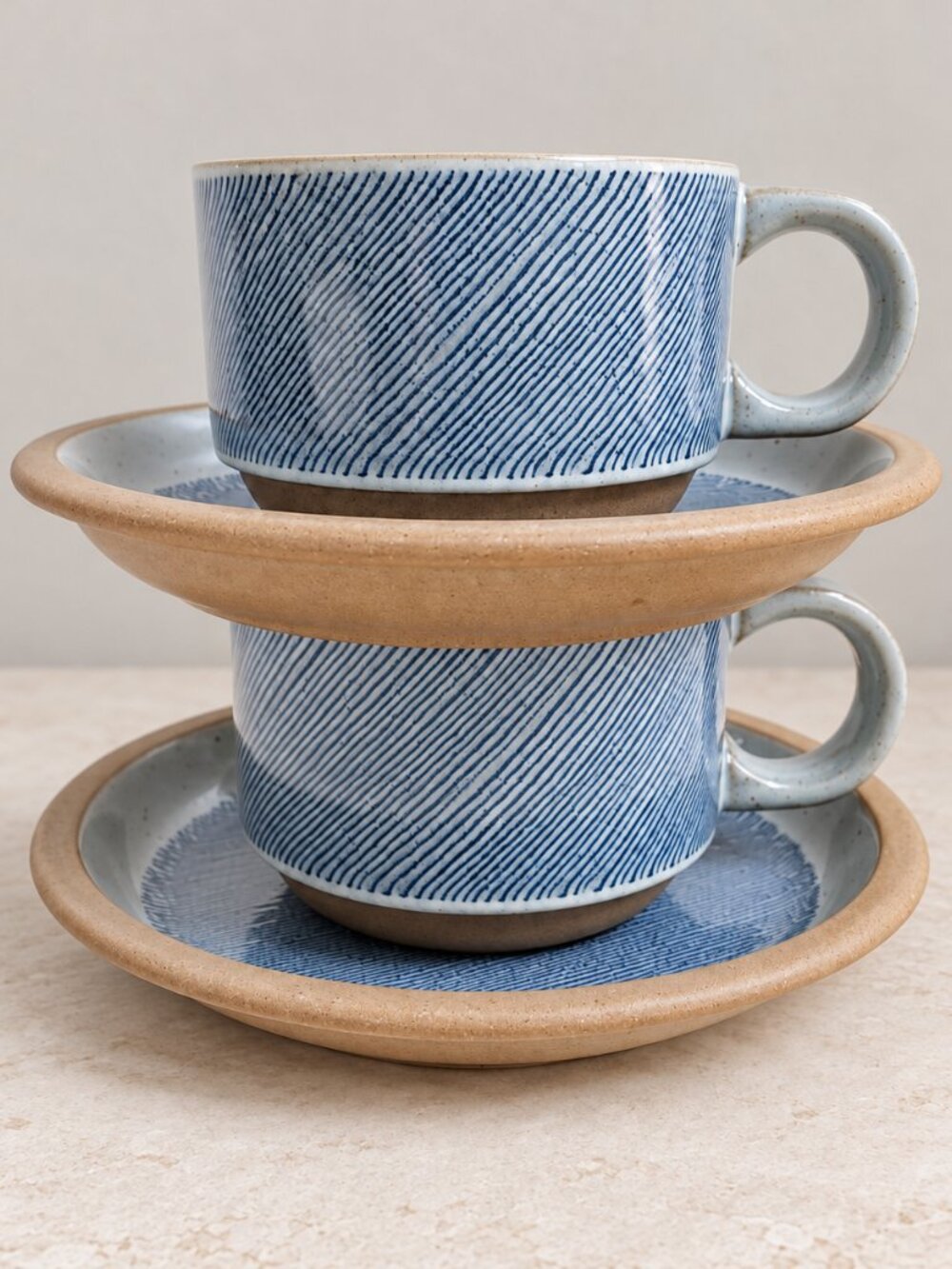 Midwinter Wedgwood Denim Teacup Saucer Set of 2 Blue Brown Stoneware Vintage